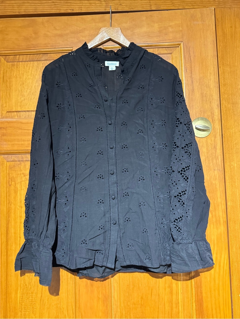 Sundance Black Eyelet Button-Front Ruffle Collar Blouse